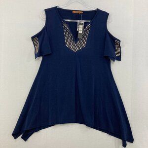 New Belldini Large Navy Embellished Cold Shoulder Stretch Knit Tunic Evening